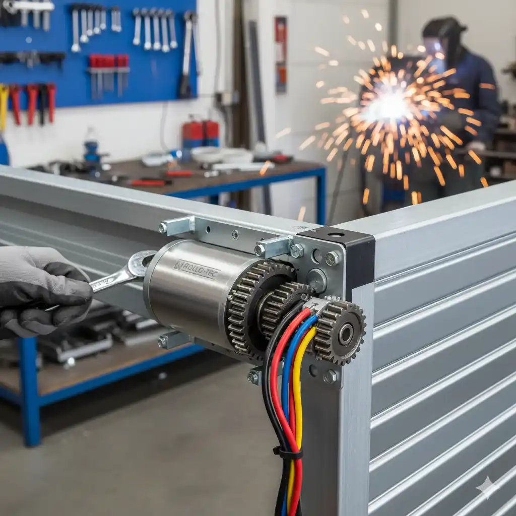 Primer plano detallado de un motor tubular de alta calidad siendo instalado en una cortina metálica, mostrando engranajes y cableado.